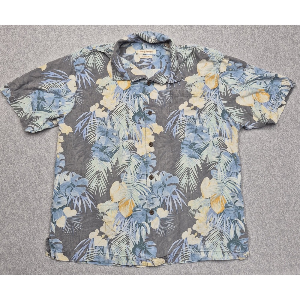 Tommy Bahama Silk Shirt Mens XL Gray Blue Tropical Floral Casual Button Down